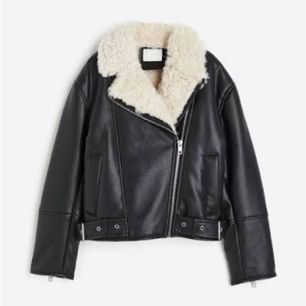 H&M brand new - faux leather bomber cream shearling jacket